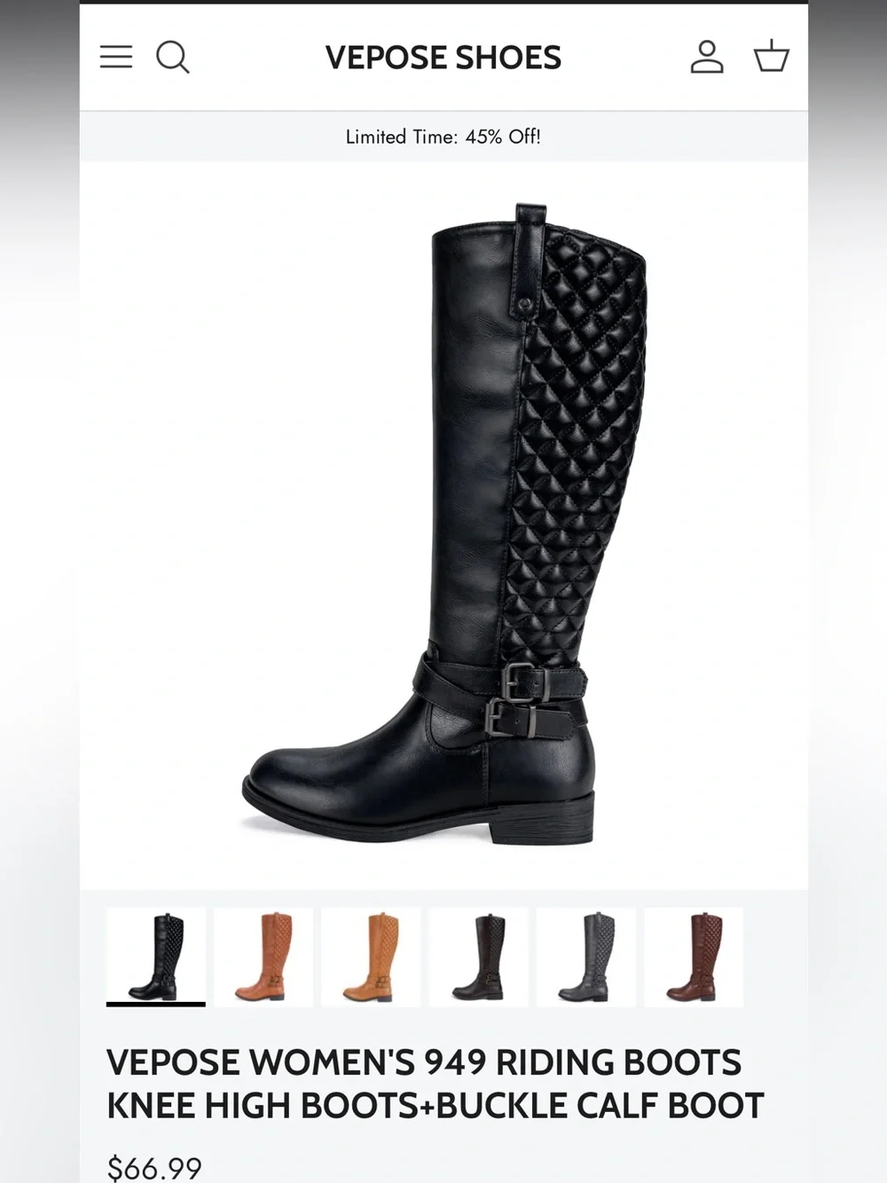 Vepose Black Quilted Over-the-Knee Buckle Boots